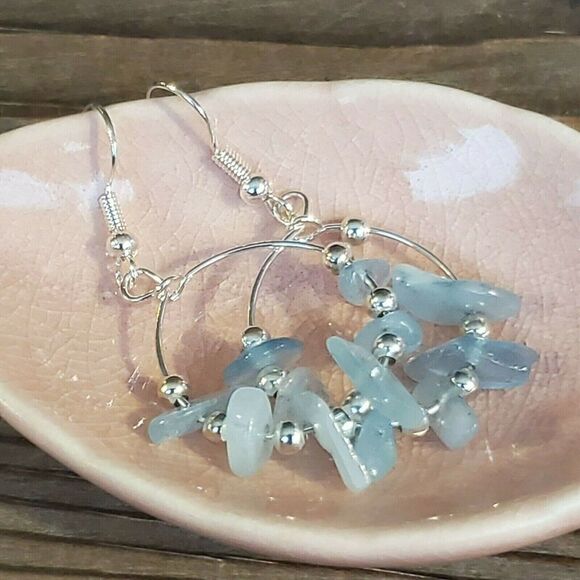 Handcrafted Baroque Aquamarine Gemstone Sterling Silver Plated Hoop Earrings - Picture 6 of 8